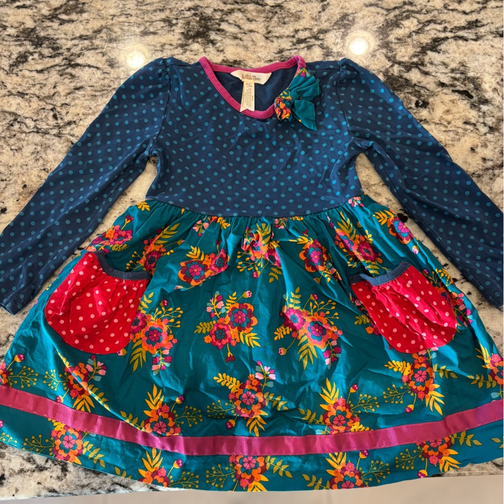 Girls Polka Dot & Floral Teal Long-Sleeve Dress